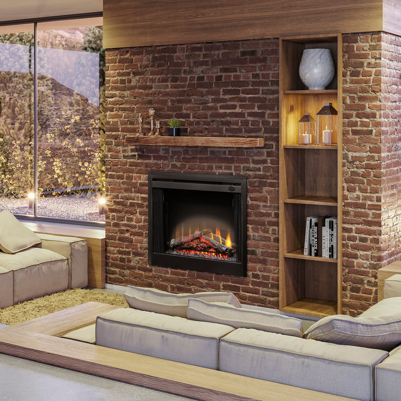 Modern living room with brick wall, electric fireplace, and bookshelf.