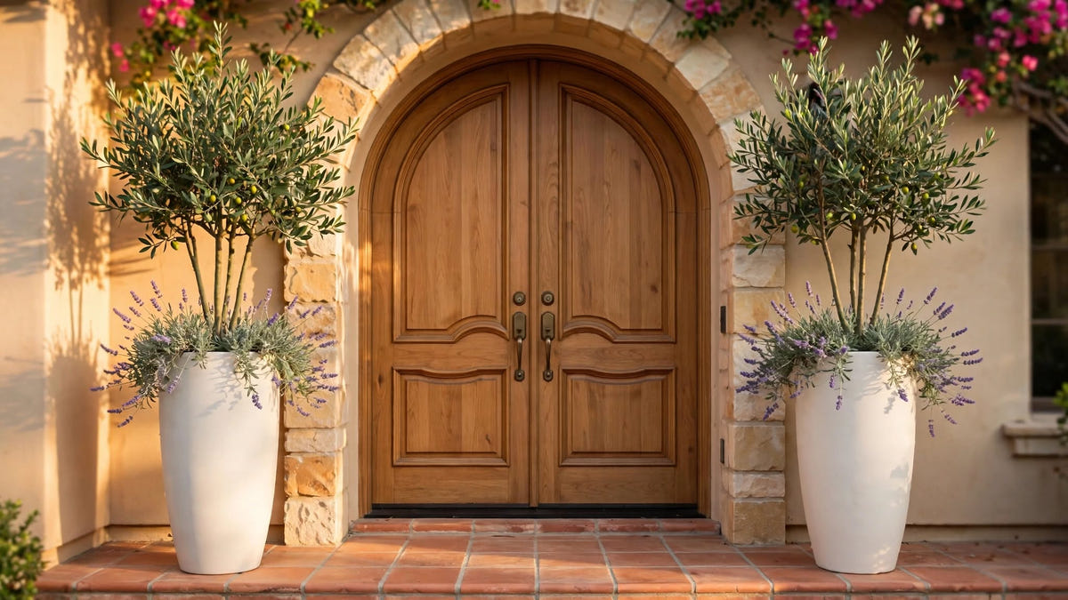 Pair of tall ivory tapered fiberglass planters with olive trees and lavender flanking an arched oak double front door on a terracotta tile landing