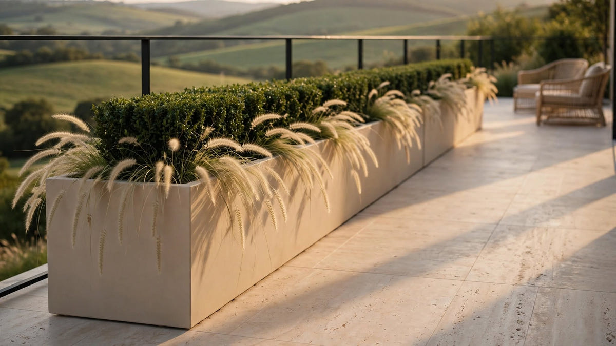 Long run of sandstone beige rectangular fiberglass planters with a clipped boxwood hedge and ornamental grasses along a travertine terrace overlooking green hills