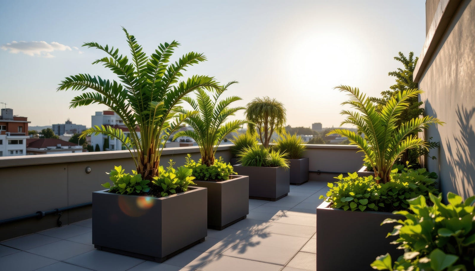 Rooftop terrace with rectangular planters and lush greenery