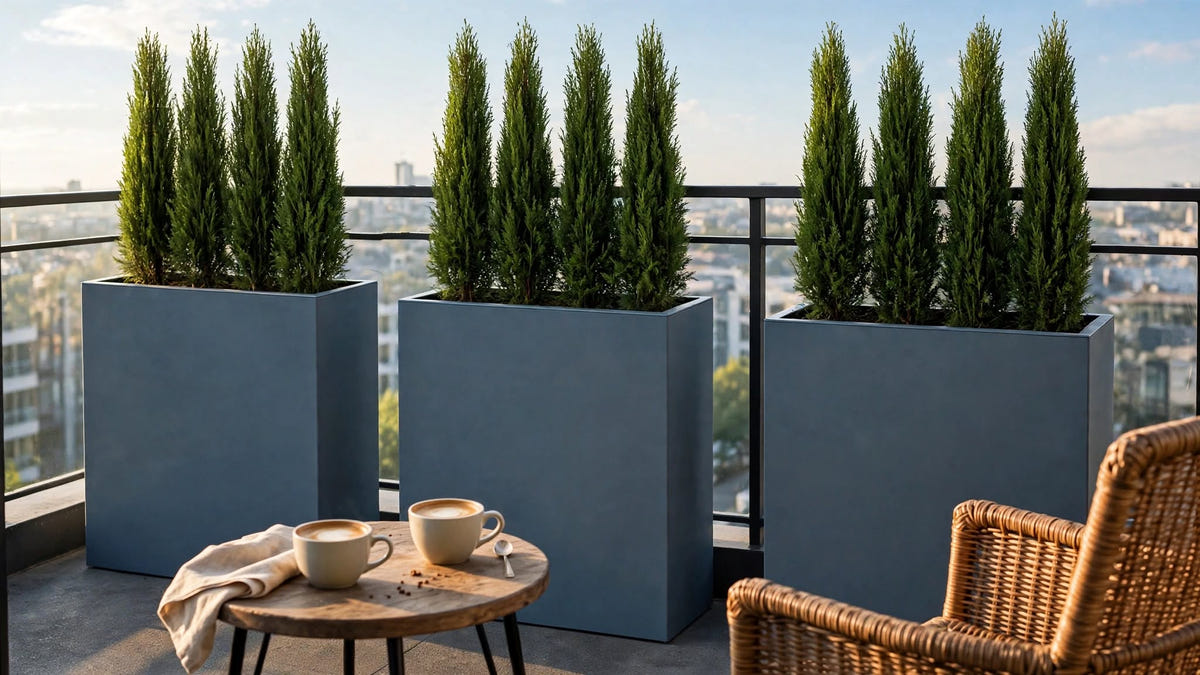 Three tall slate blue rectangular fiberglass planters with columnar evergreens forming a privacy screen beside a coffee table on a city balcony