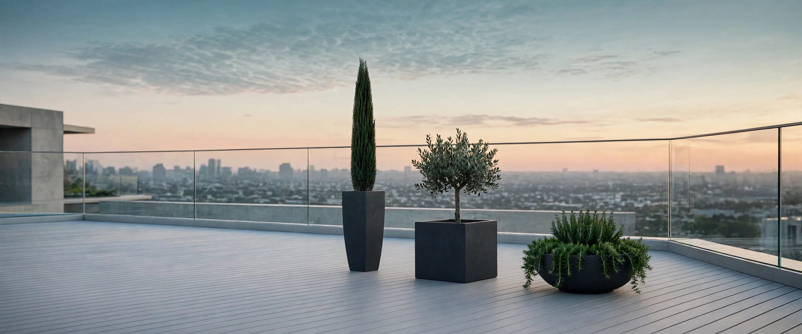 Three matte charcoal fiberglass planters on a rooftop terrace at dusk - a tall tapered column with an Italian cypress, a cube with an olive tree, and a low bowl of rosemary, city skyline beyond