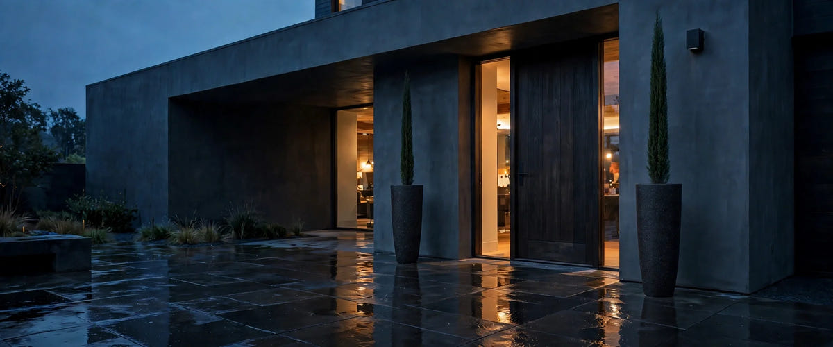 Two tall charcoal fiberglass column planters with slim cypress flanking a dark timber entrance at dusk