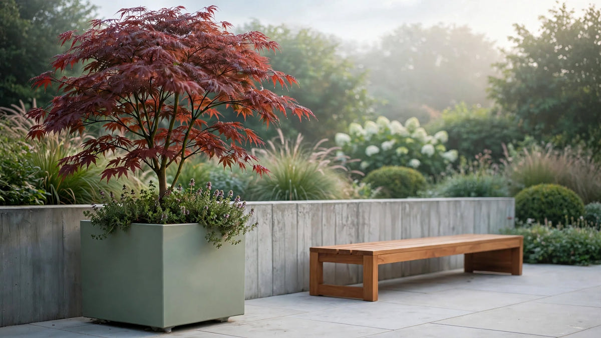 Japanese maple underplanted with thyme in a sage green square fiberglass planter on a stone garden terrace beside a teak bench