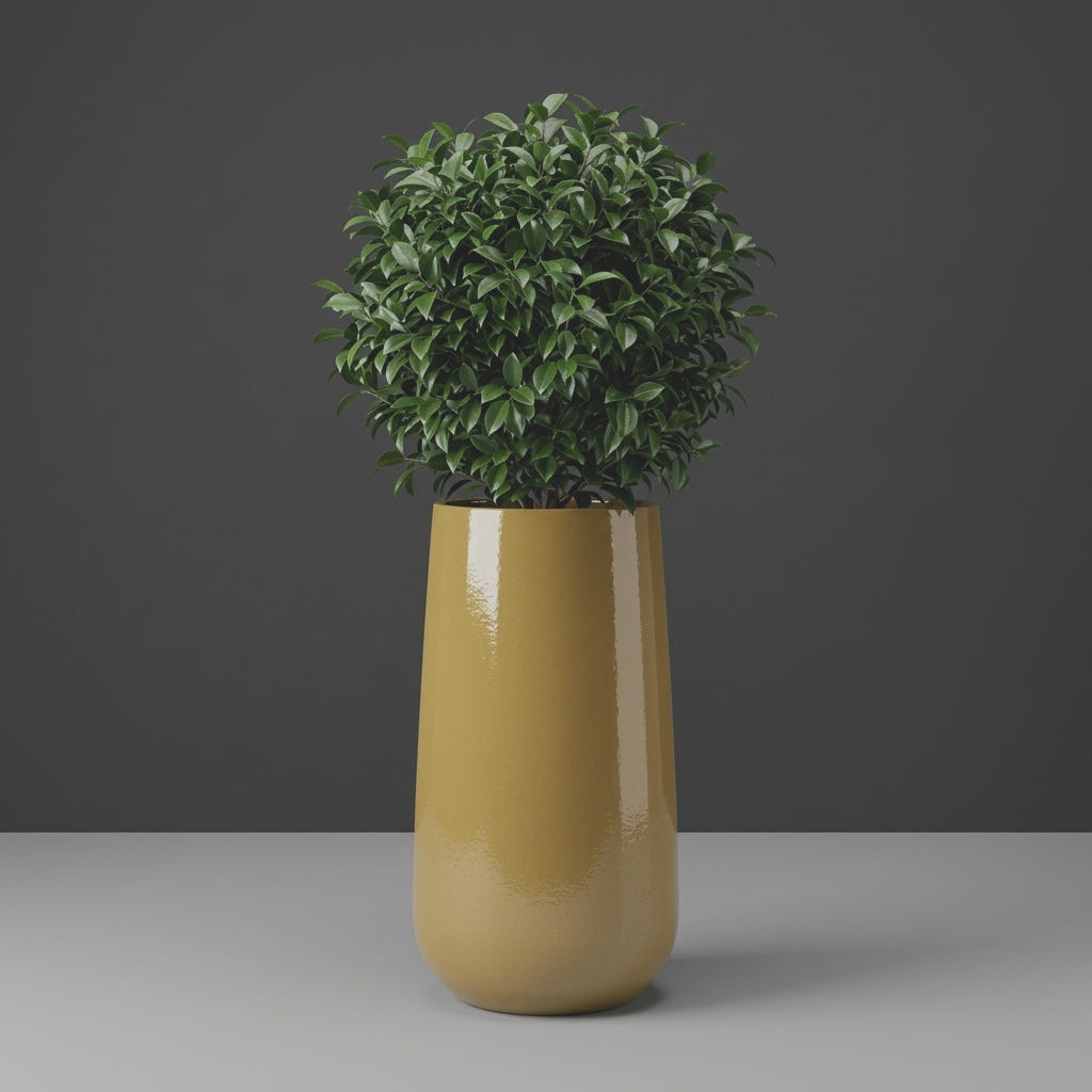 Saigon Tapered Round fiberglass planter in Gloss Metallic Gold, planted with compact ficus, studio