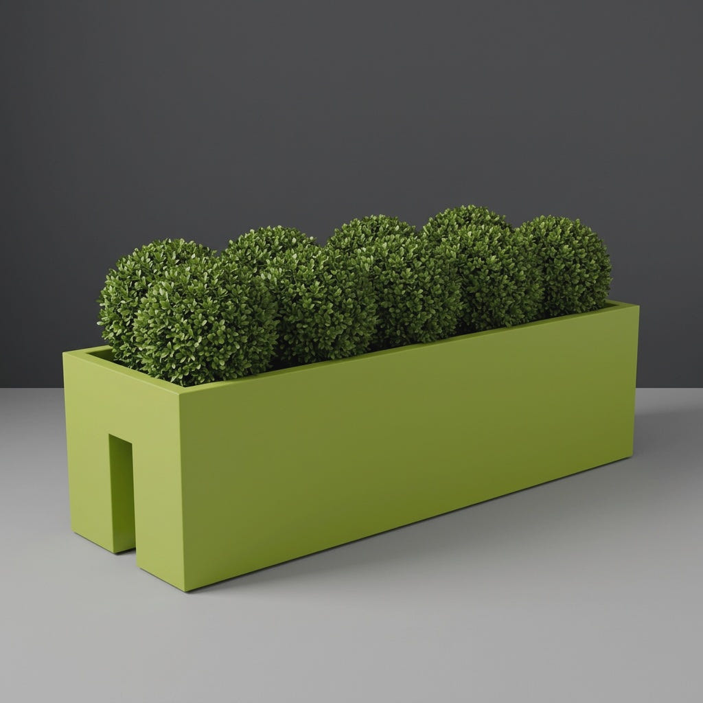 Tiergarden Railing fiberglass planter in Satin Green, planted with row of clipped boxwood balls, studio