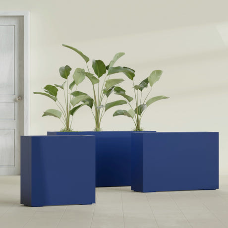 Milano Narrow Rectangular fiberglass planter in Matte Cobalt Blue, shown planted, in a sunlit interior