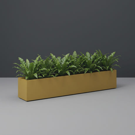 Monaco Rectangle fiberglass planter in Gloss Metallic Gold, planted with row of small ferns, studio