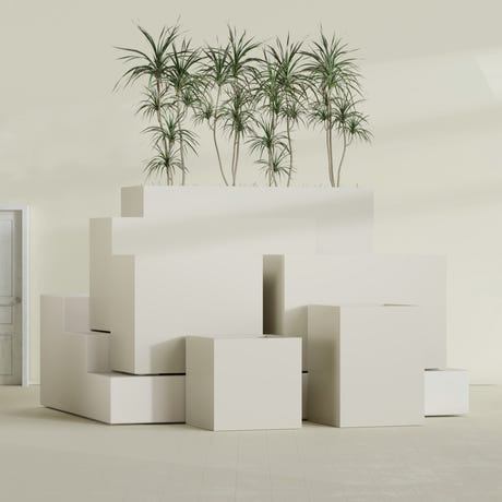 Brisbane Rectangular fiberglass planter in Satin Beige, size range, in a sunlit interior