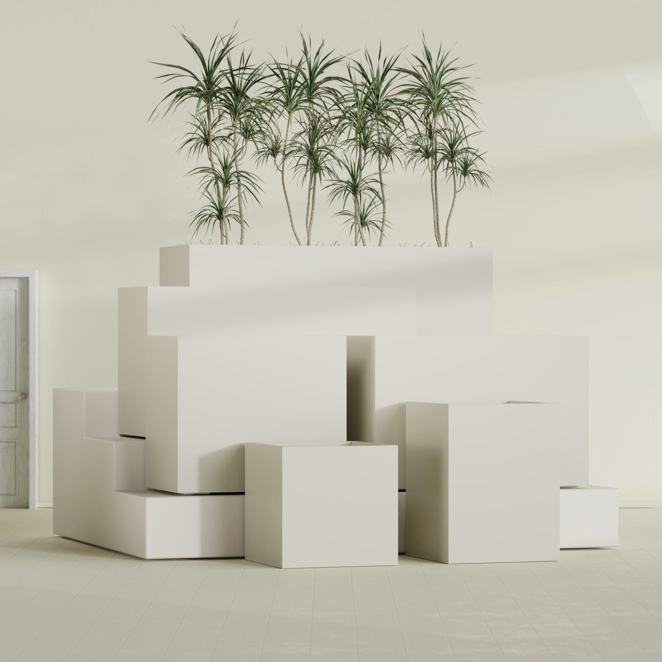 Brisbane Rectangular fiberglass planter in Satin Beige, size range, in a sunlit interior
