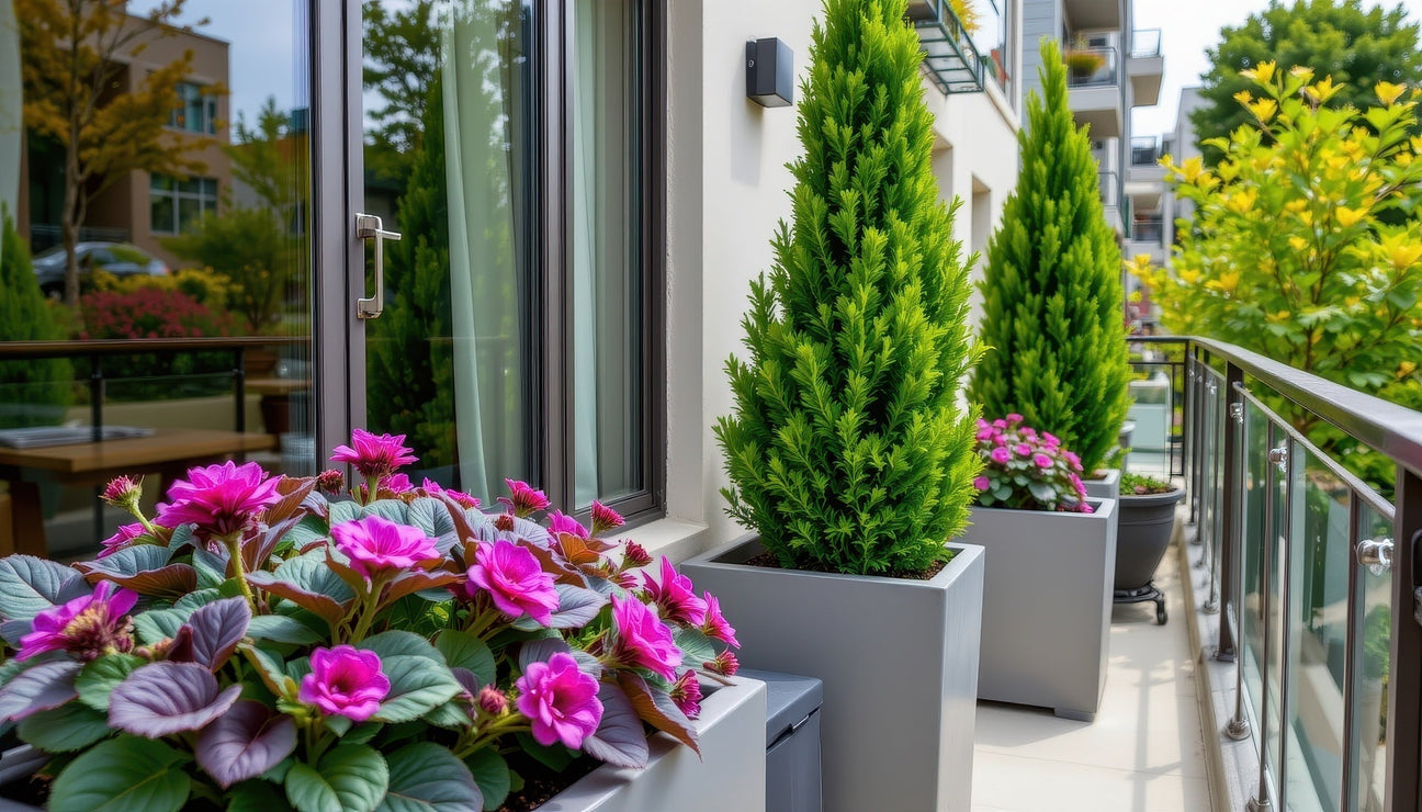 Tall cypress trees in planters on a contemporary balcony