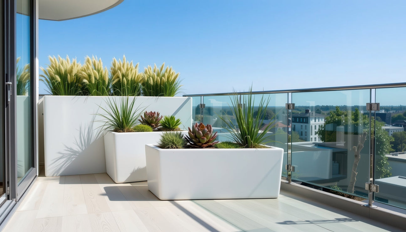 Premium outdoor planters with ornamental grasses on a modern balcony