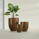Valencia Tapered Round fiberglass planter in Metallic Bronze, size range, in a sunlit interior