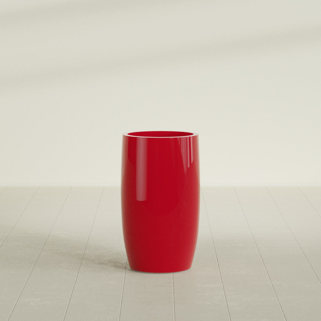 Lisbon tall round tapered fiberglass planter in Gloss Red, 18 in diameter, 32 in high, shown empty