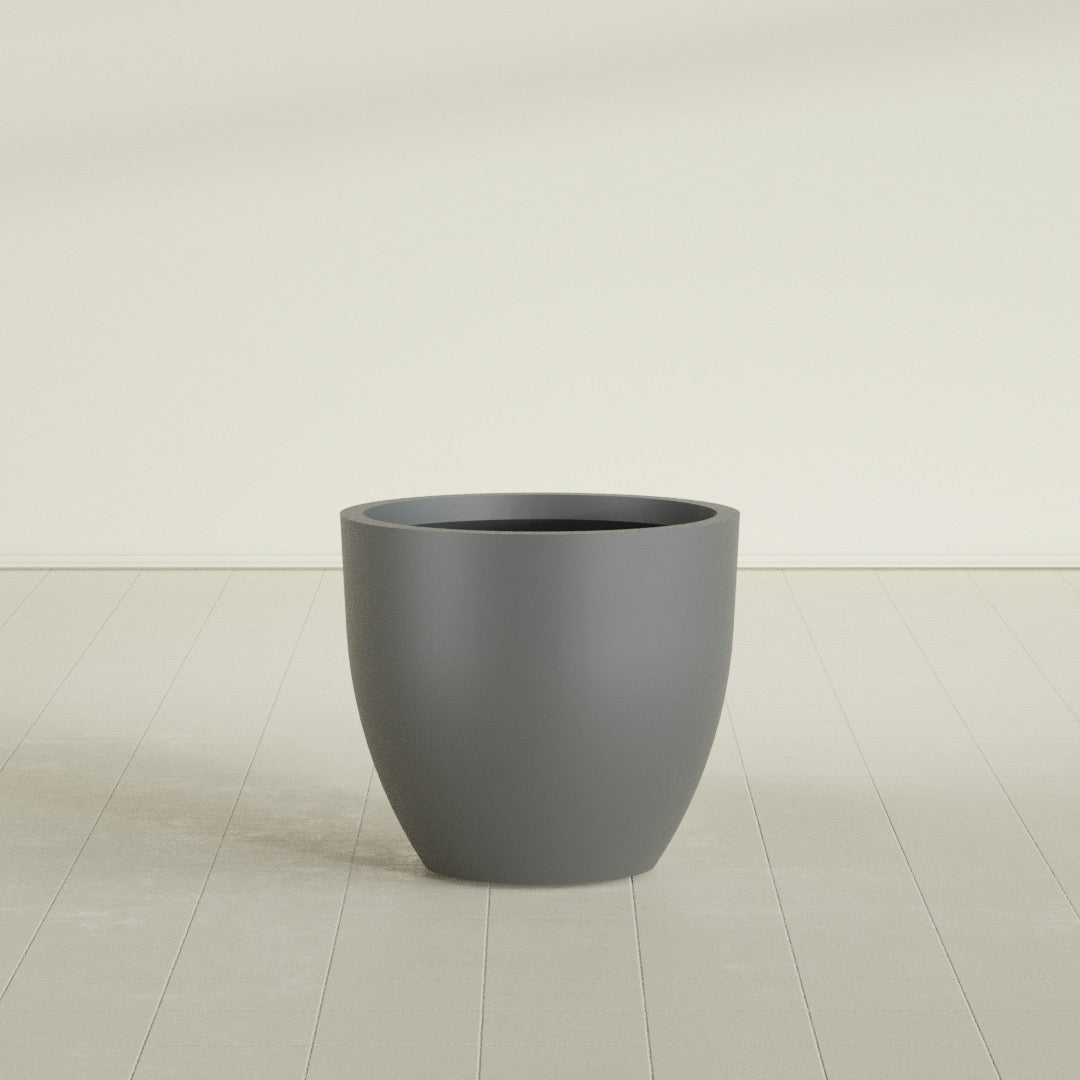 Wannsee Round Planter in Matte Gunmetal, 33"D × 29"H, shown empty