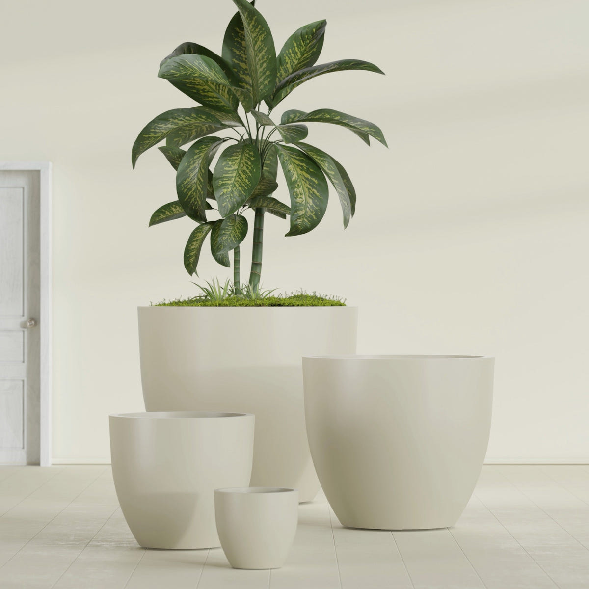 Wannsee Round fiberglass planter in Satin Beige, size range, in a sunlit interior