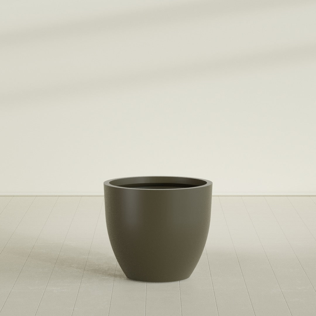 Wannsee Round Planter in Matte Bronze, 39"D × 34"H, shown empty