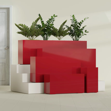 Hollywood Narrow Rectangular fiberglass planter in Gloss Red, size range, in a sunlit interior