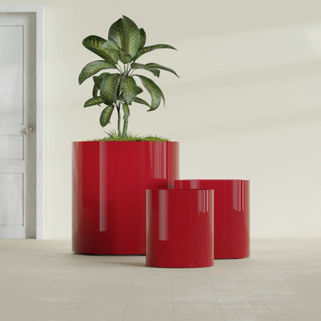 Rio Grande Cylinder fiberglass planter in Gloss Red, size range, in a sunlit interior