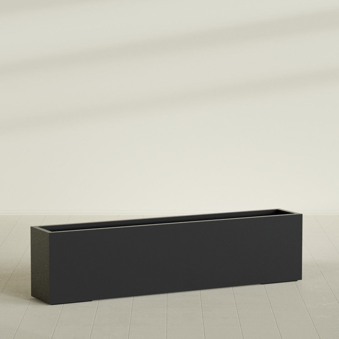 Miami Narrow Rectangular Planter in Matte Black, 72"L × 12"D × 18"H, shown empty