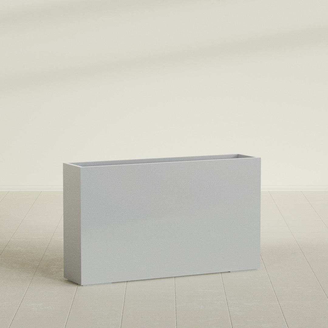 Perth Rectangular Planter in Metallic Silver, 72"L × 16"D × 42"H, shown empty