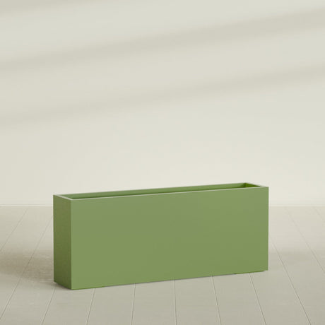 Hollywood Narrow Rectangular Planter in Satin Green, 60"L × 12"D × 24"H, shown empty