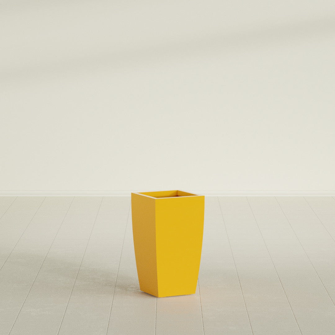 Toulan Tapered Square Planter in Gloss Saffron, 12"W × 22"H, shown empty