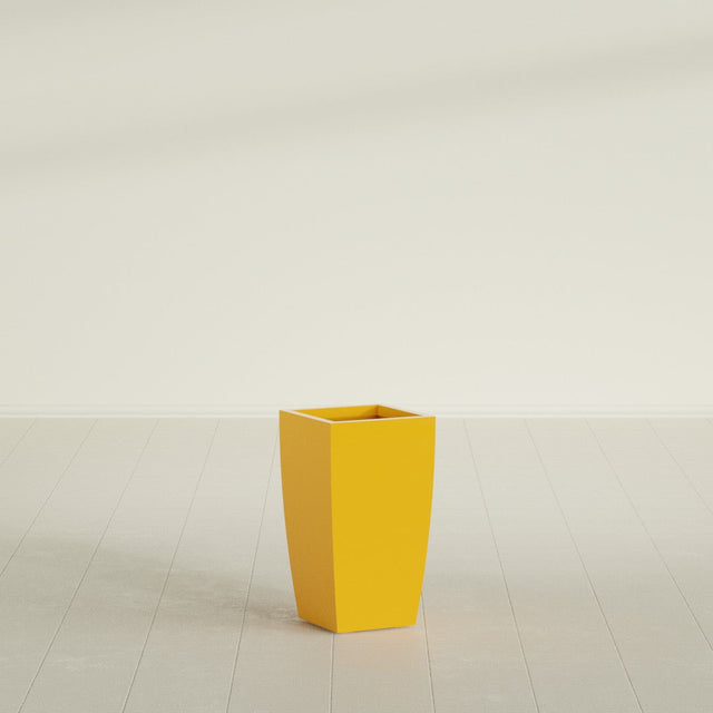 Toulan Tapered Square Planter in Gloss Saffron, 12"W × 22"H, shown empty