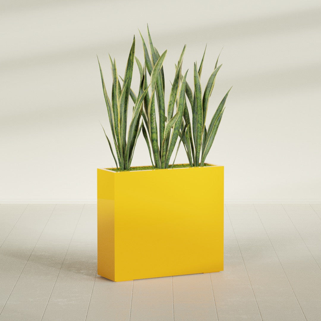 Delray Rectangular fiberglass planter in Gloss Saffron, shown planted, in a sunlit interior