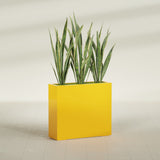 Delray Corner fiberglass planter in Gloss Saffron, shown planted, in a sunlit interior