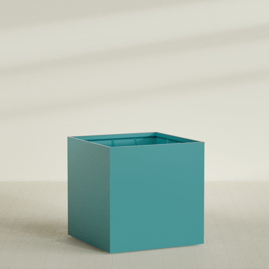 Montroy Cube Planter in Satin Seafoam Green, 60", shown empty