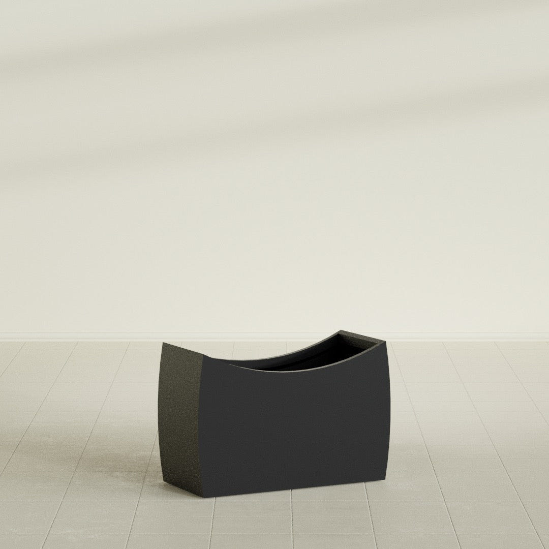 Seoul Curved Planter in Matte Black, 36"L × 16"D × 24"H, shown empty