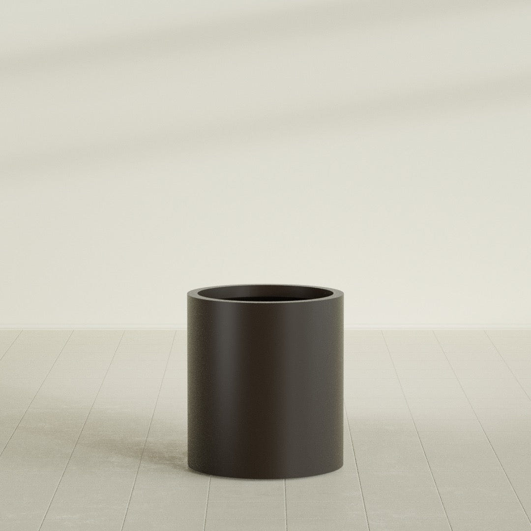 Rio Grande Cylinder Planter in Matte Dark Brown, 18"D × 20"H, shown empty
