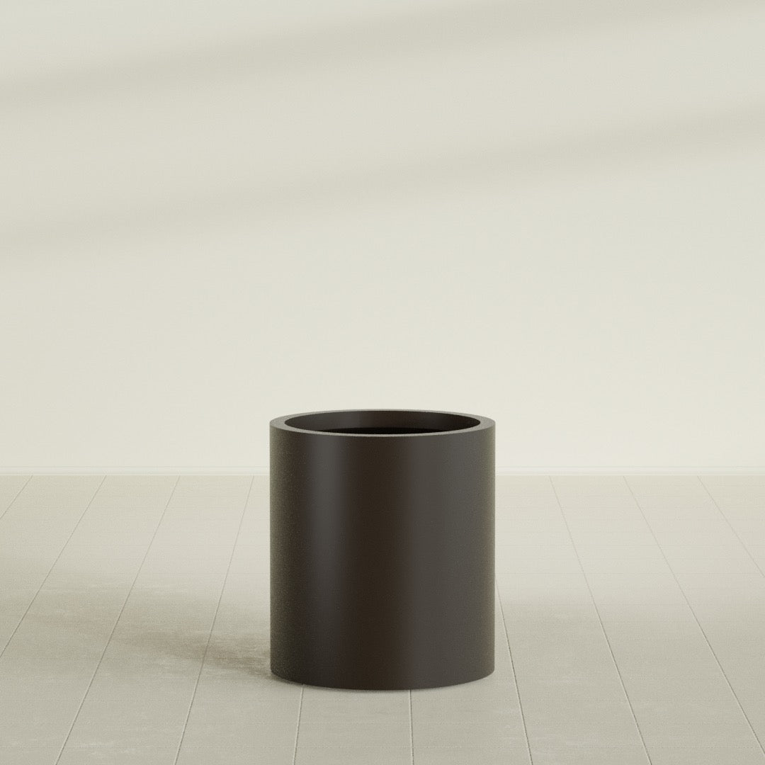 Rio Grande Cylinder Planter in Matte Dark Brown, 18"D × 20"H, shown empty