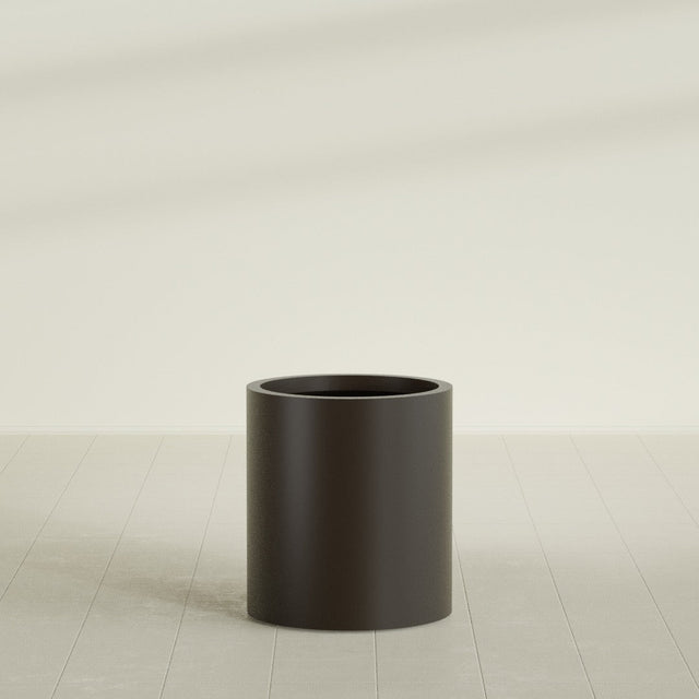 Rio Grande Cylinder Planter in Matte Dark Brown, 18"D × 20"H, shown empty