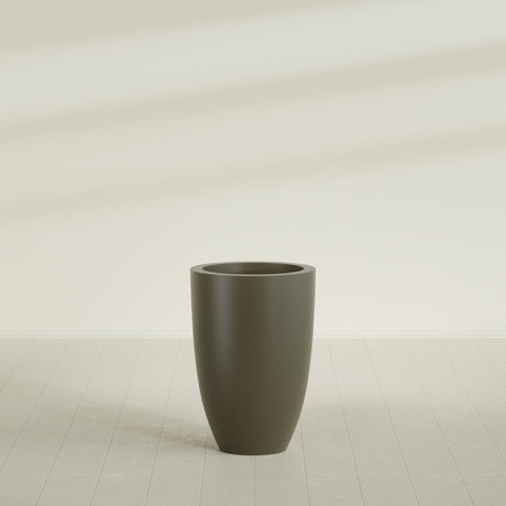 Brannan Tapered Round Planter in Matte Bronze, 24"D × 35"H, shown empty