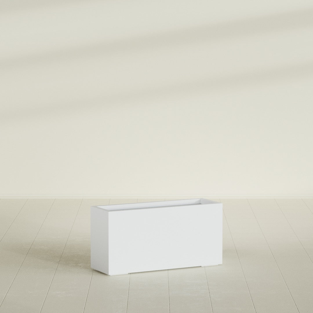 Hollywood Narrow Rectangular Planter in Gloss Bright White, 36"L × 12"D × 24"H, shown empty