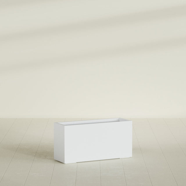 Hollywood Narrow Rectangular Planter in Gloss Bright White, 36"L × 12"D × 24"H, shown empty