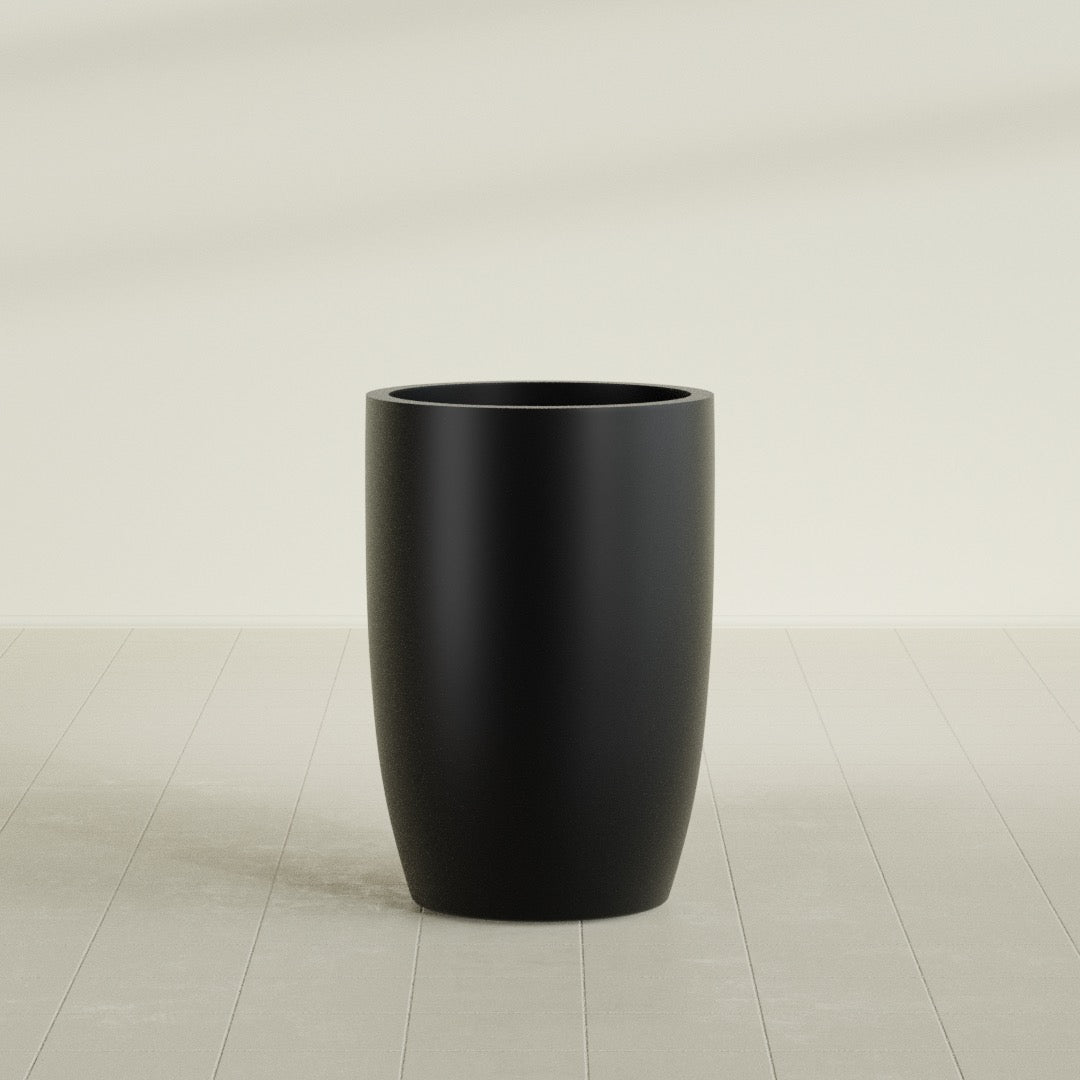 Lisbon tall round tapered fiberglass planter in Matte Black, 24 in diameter, 36 in high, shown empty
