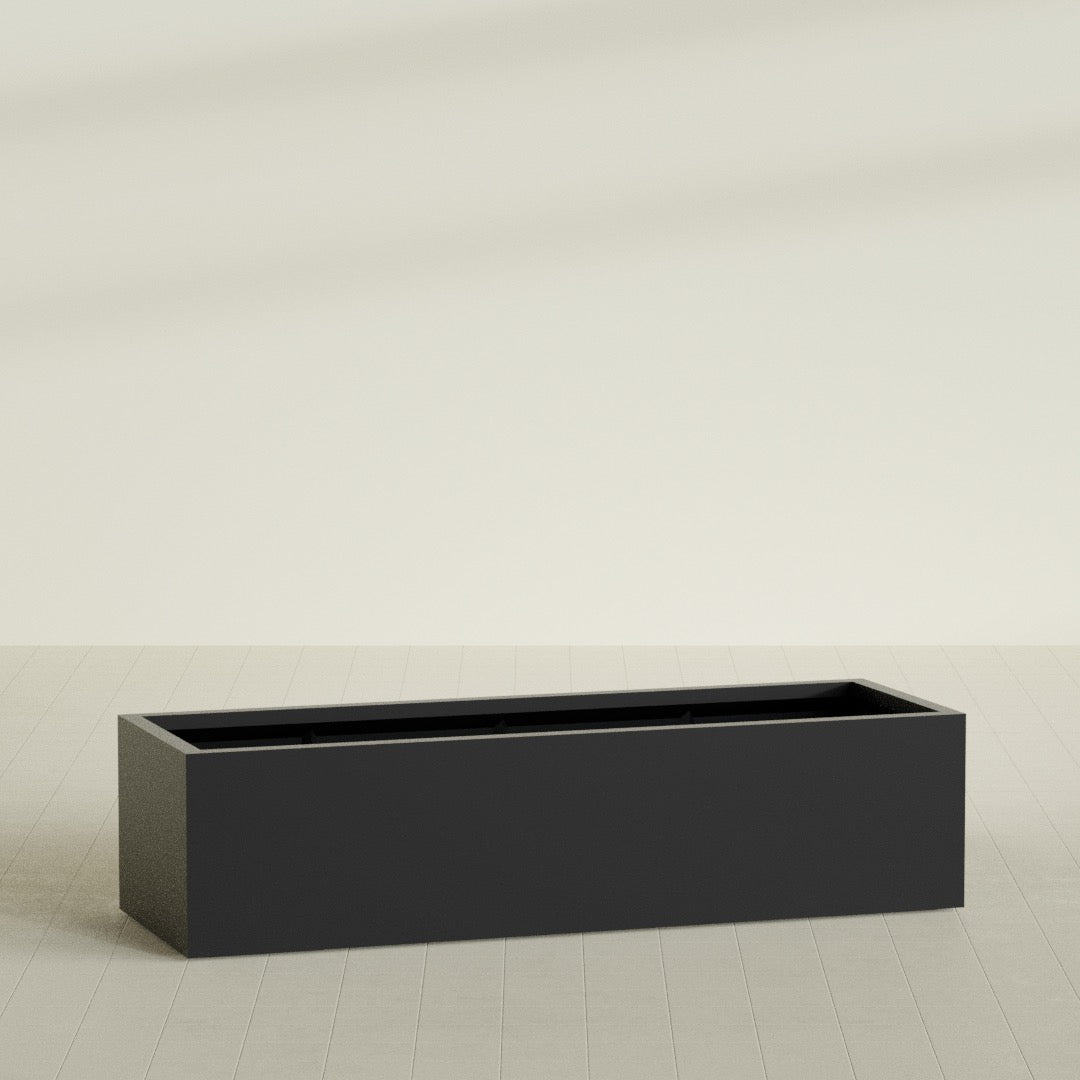 Torino Wide Rectangular Planter in Matte Black, 72"L × 24"D × 18"H, shown empty