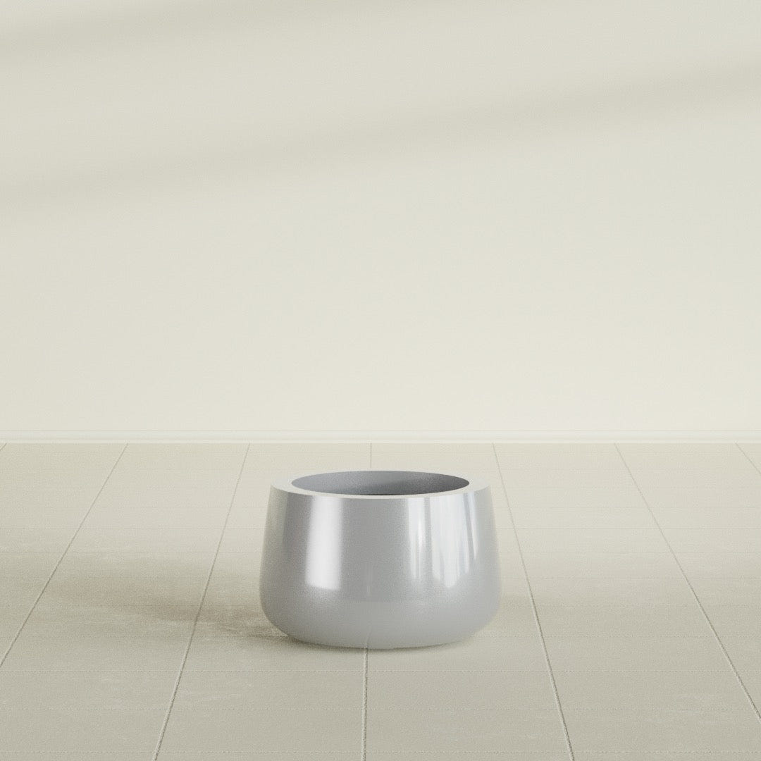 Short Hayden Bowl Planter in Metallic Silver, 12"D × 7"H, shown empty