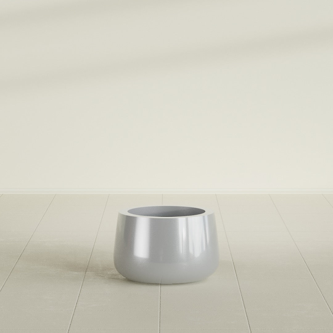 Short Hayden Bowl Planter in Metallic Silver, 12"D × 7"H, shown empty
