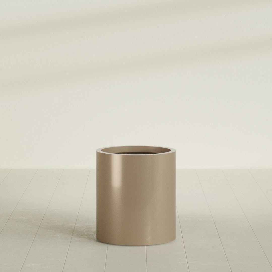 Rio Grande Cylinder Planter in Gloss Metallic Gold, 18"D × 20"H, shown empty
