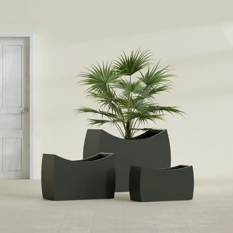 Seoul Curved fiberglass planter in Matte Charcoal, size range, in a sunlit interior