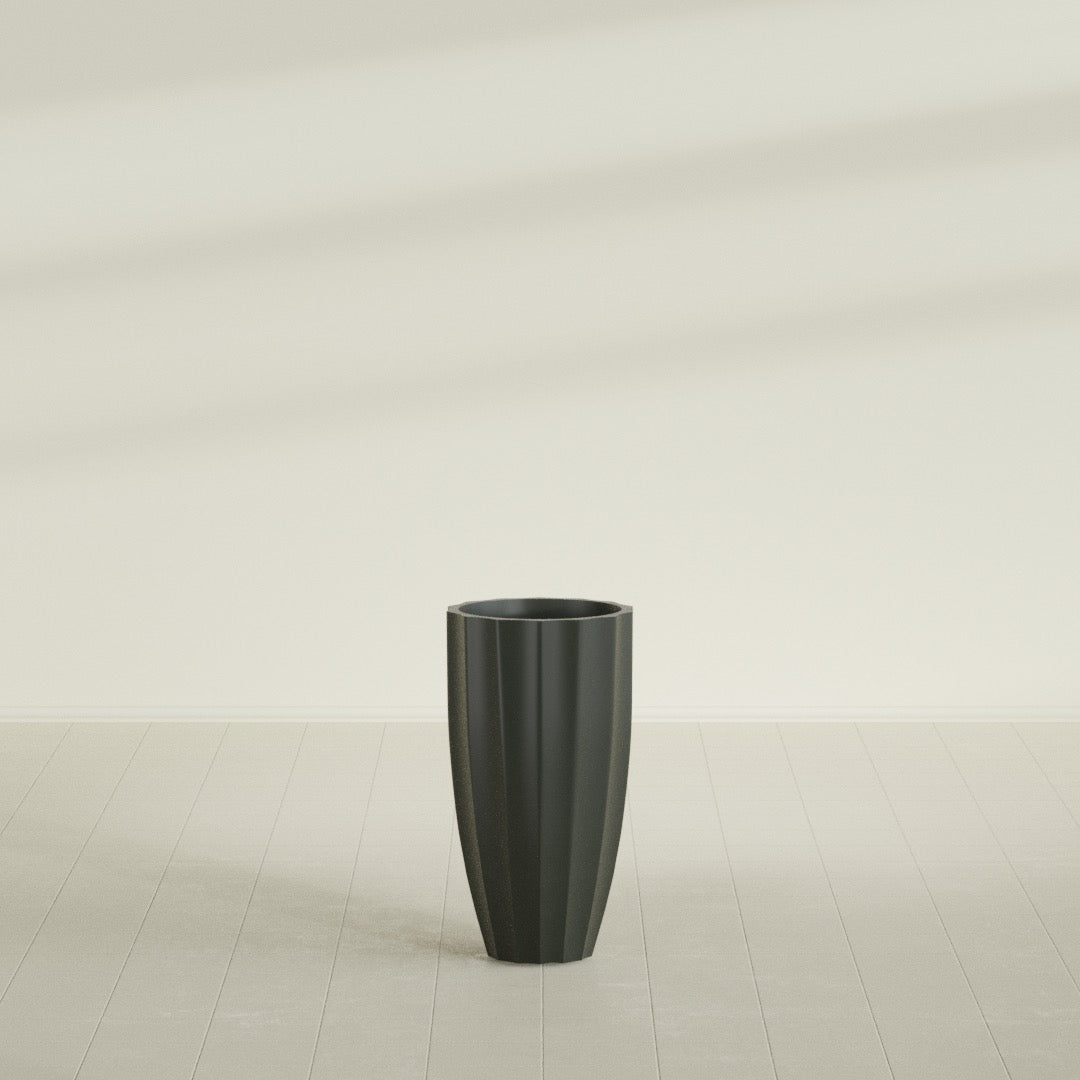 San Jose Tall Fluted Planter in Matte Charcoal, 16"D × 30"H, shown empty