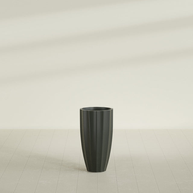 San Jose Tall Fluted Planter in Matte Charcoal, 16"D × 30"H, shown empty