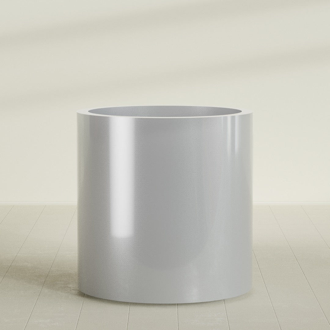 Rio Grande Cylinder Planter in Metallic Silver, 30"D × 32"H, shown empty