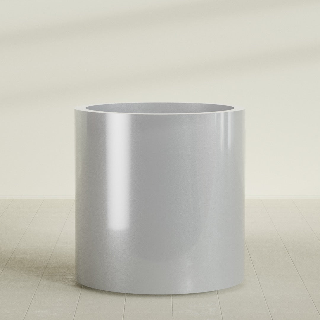 Rio Grande Cylinder Planter in Metallic Silver, 30"D × 32"H, shown empty