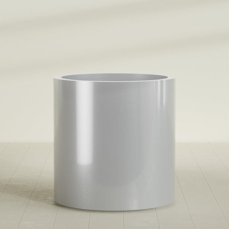 Rio Grande Cylinder Planter in Metallic Silver, 30"D × 32"H, shown empty