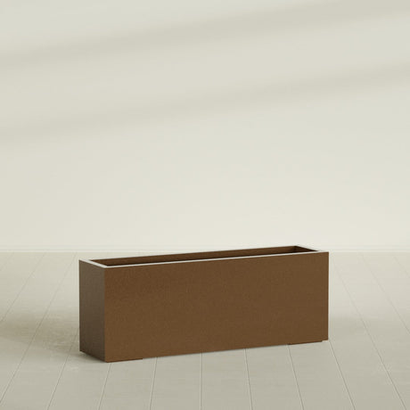 Miami Narrow Rectangular Planter in Metallic Bronze, 48"L × 12"D × 18"H, shown empty